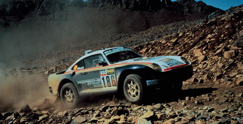 La Porsche 959 alignée lors du Paris Dakar 1986