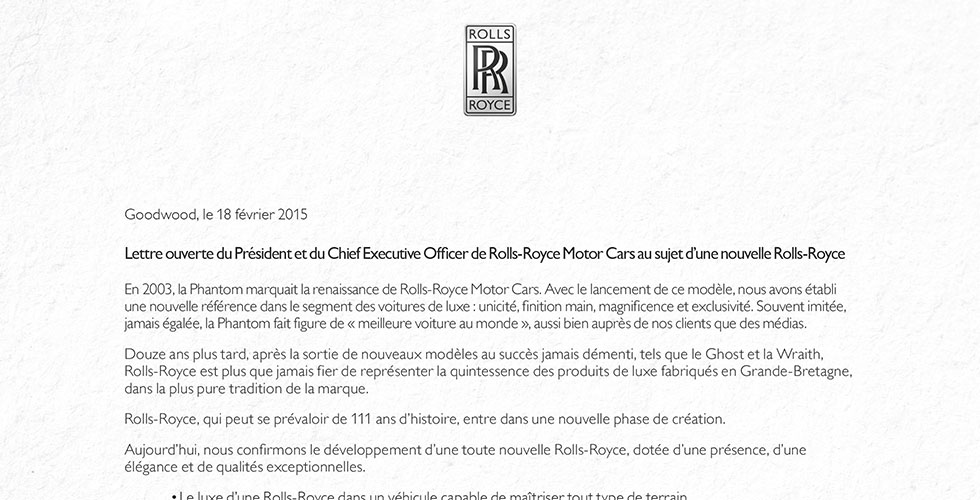 Une lettre ouverte pour annoncer un 4×4 Rolls-Royce