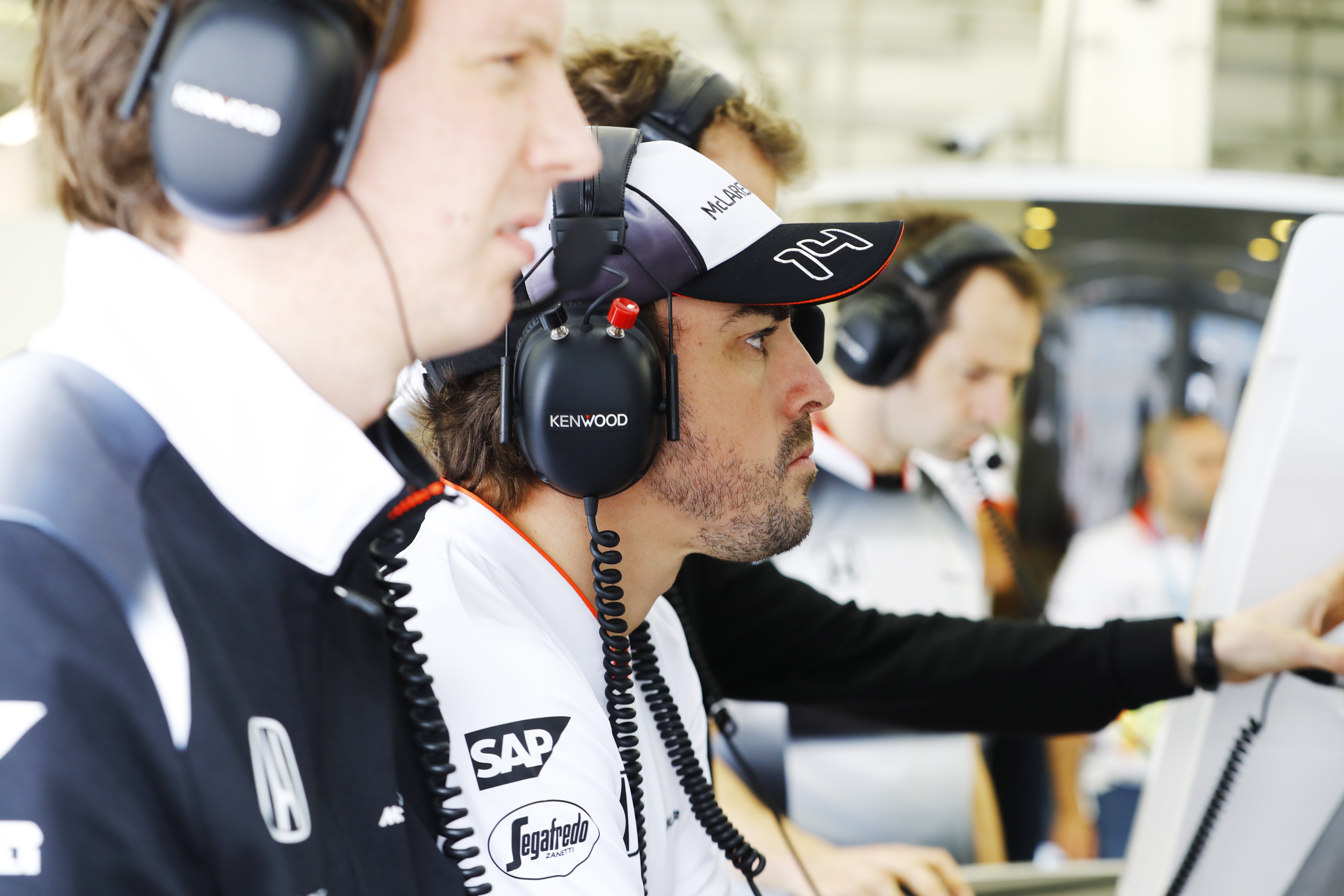 Fernando Alonso in the garage.