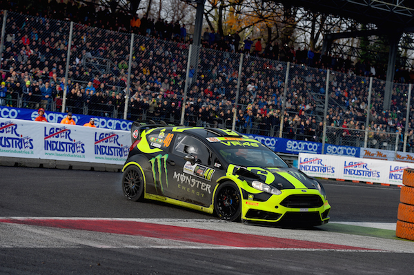 MONZA, ITALY - NOVEMBER 29: Valentino Rossi of Italy and Carlo Cassina of Italy compete in their Ford Fiesta RS WRC during Day Two of the Rally di Monza on November 29, 2014 in Monza, Italy. (Photo by Massimo Bettiol/Getty Images)