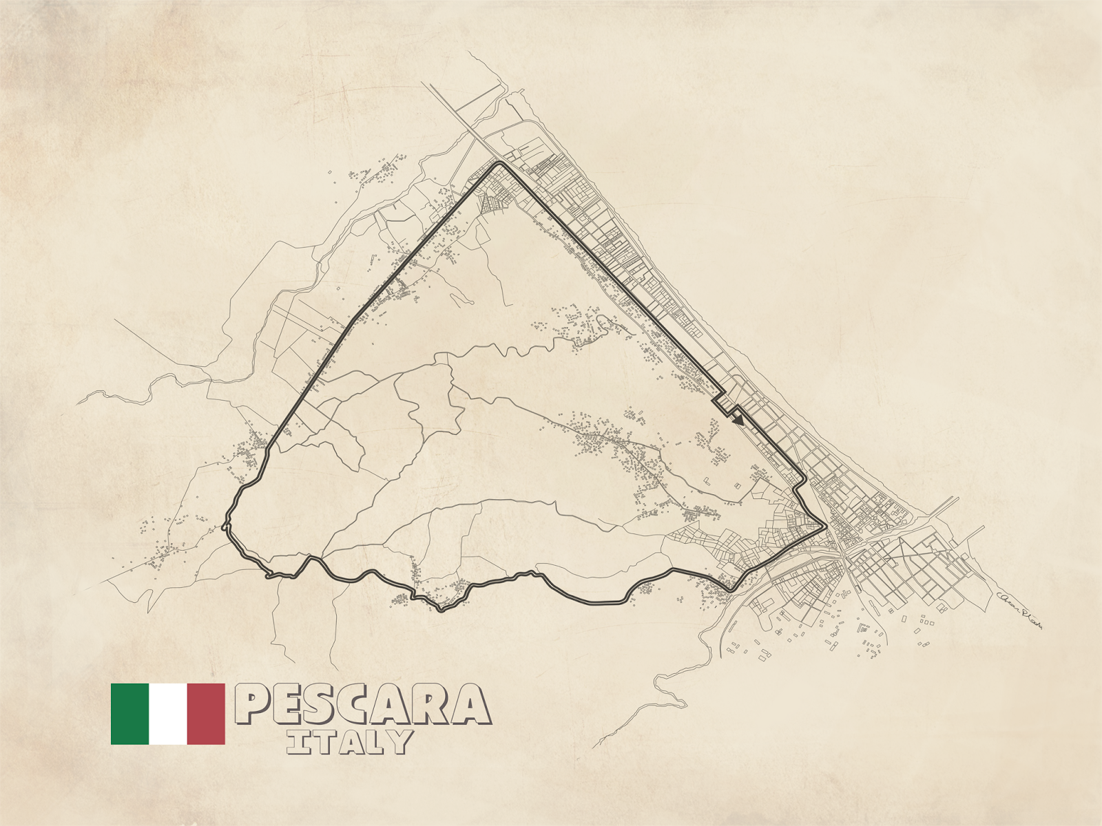 La carte du circuit de Pescara, visité en 1957 par la F1, le circuit le plus long de l'histoire du championnat.